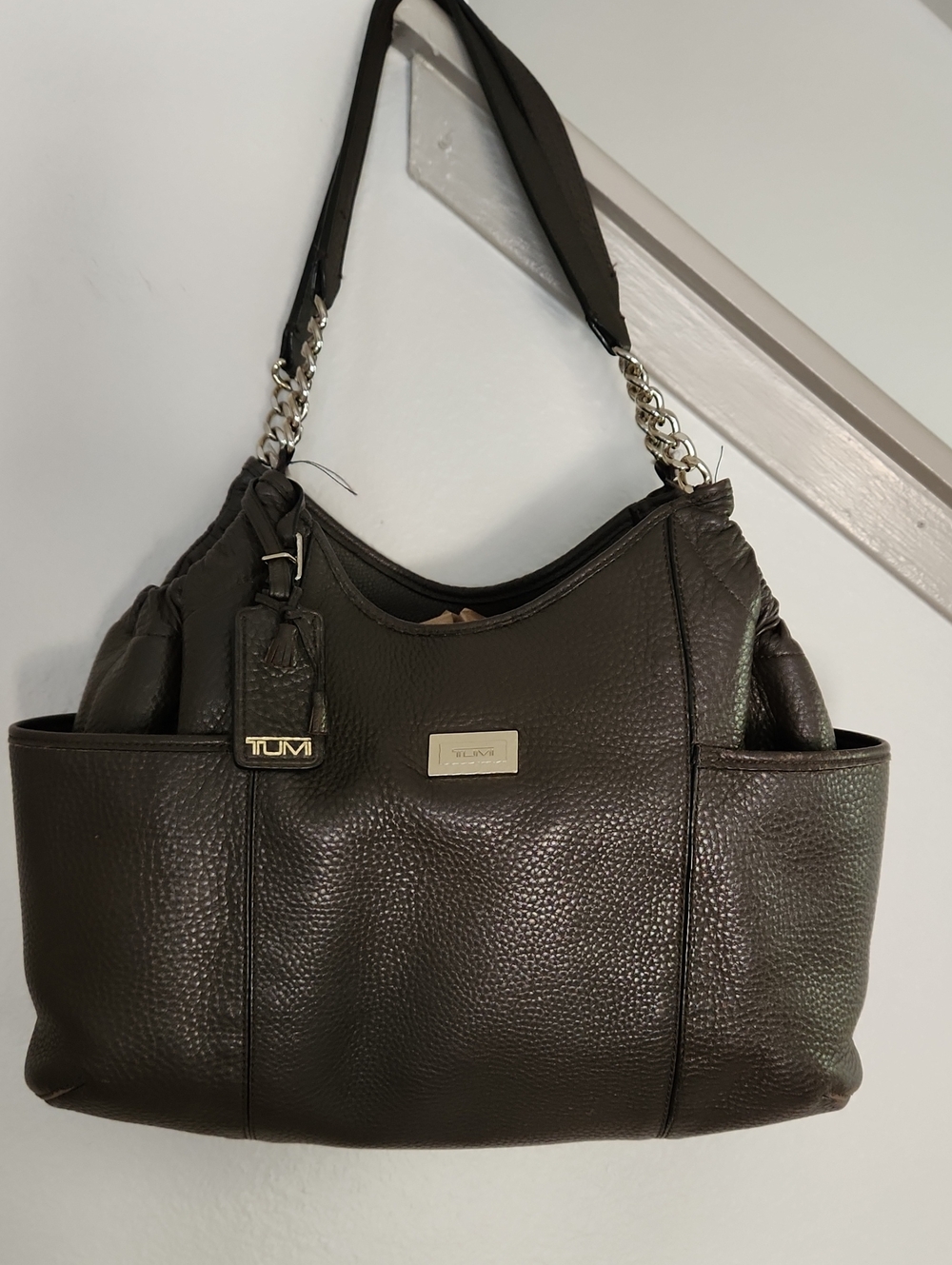 TUMI Pebbled Leather Hobo Bag Coffee Brown with Silver Accents